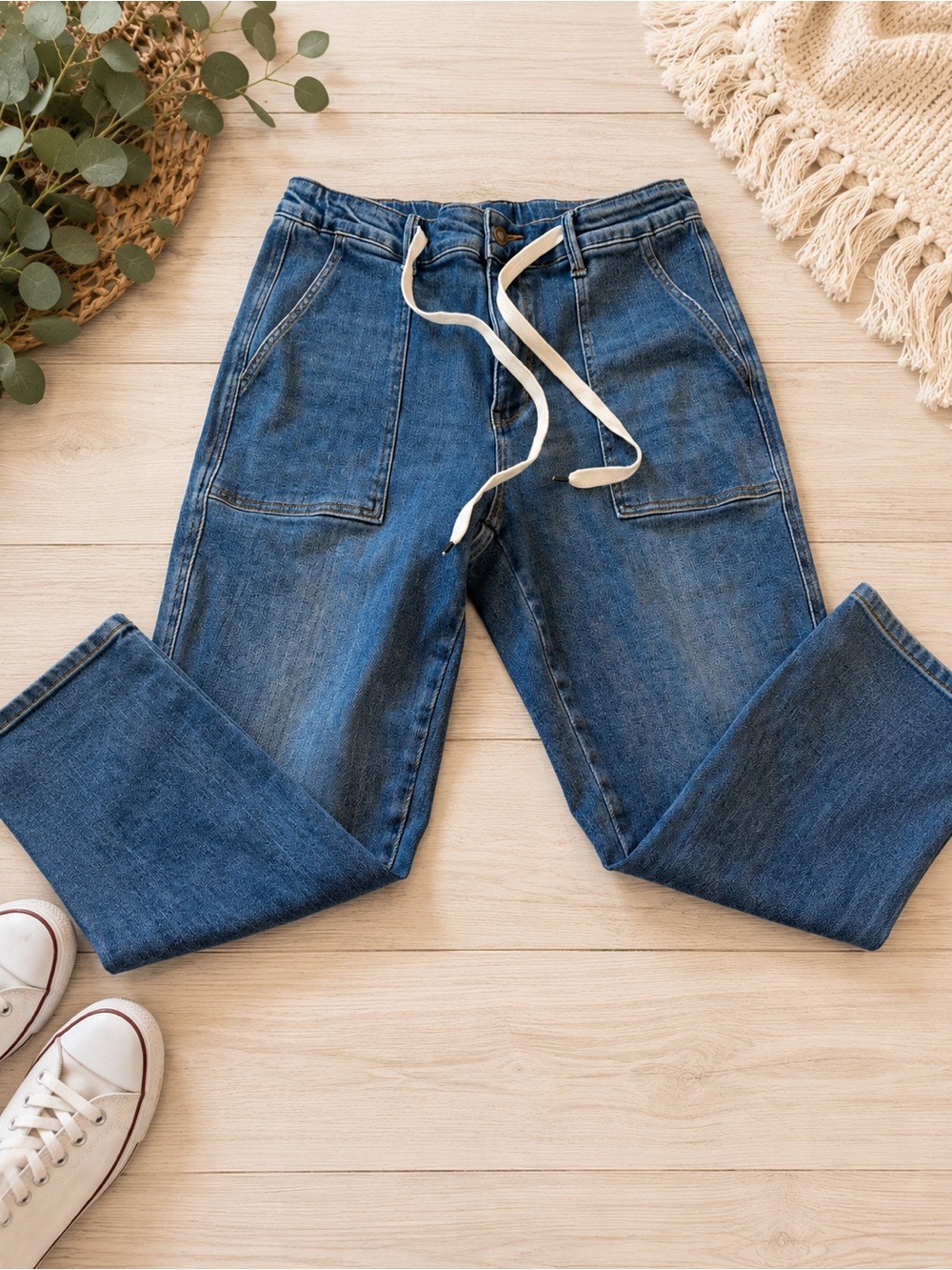 Judy Blue Mid Wash Straight Leg Jeans with Drawstring